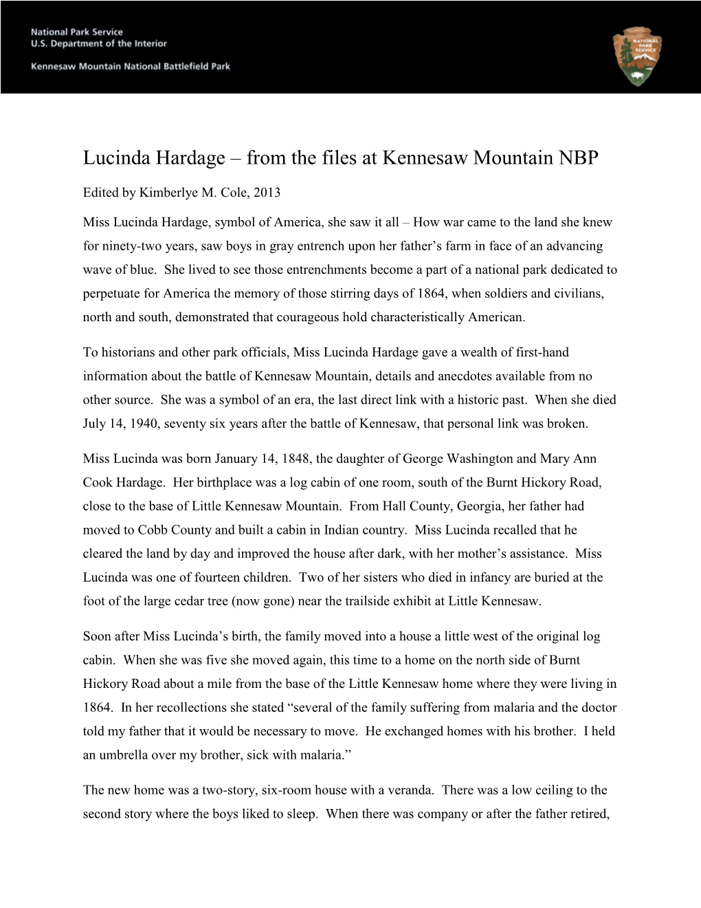 Lucinda Hardage – from the Files at Kennesaw Mountain NBP