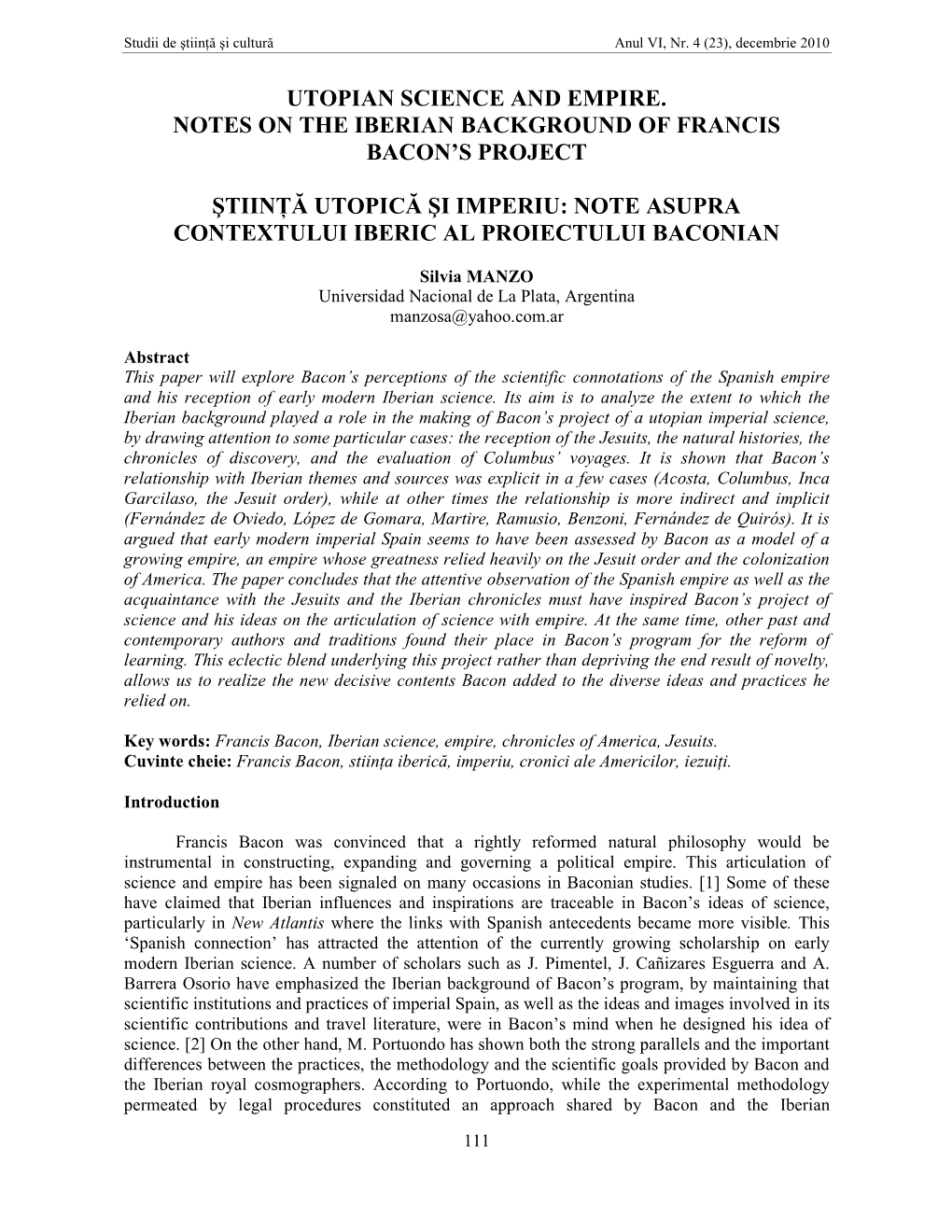 Utopian Science and Empire. Notes on the Iberian Background of Francis Bacon's Project Ştiinłă Utopică Şi Imperiu