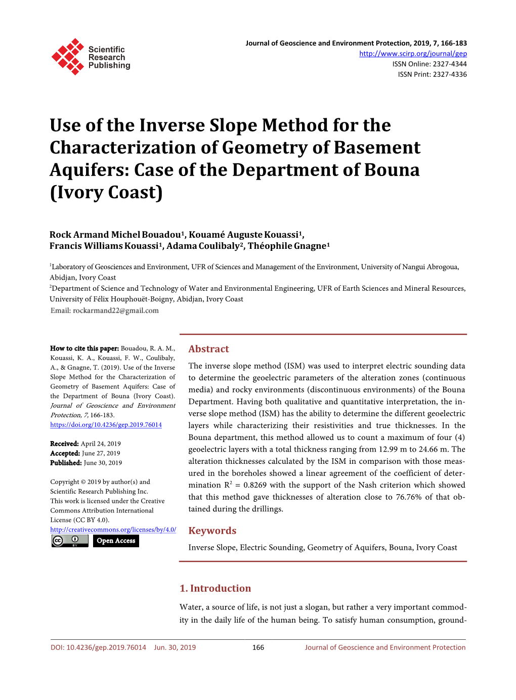 Use of the Inverse Slope Method for the Characterization of Geometry of Basement Aquifers: Case of the Department of Bouna (Ivory Coast)