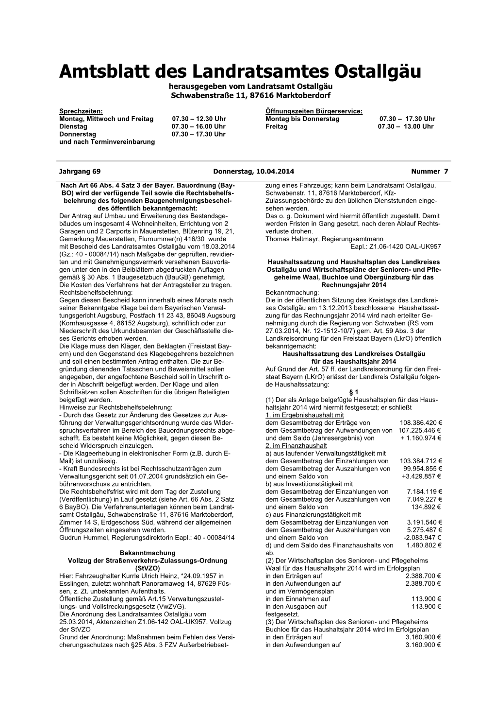 Amtsblatt Des Landratsamtes Ostallgäu Herausgegeben Vom Landratsamt Ostallgäu Schwabenstraße 11, 87616 Marktoberdorf