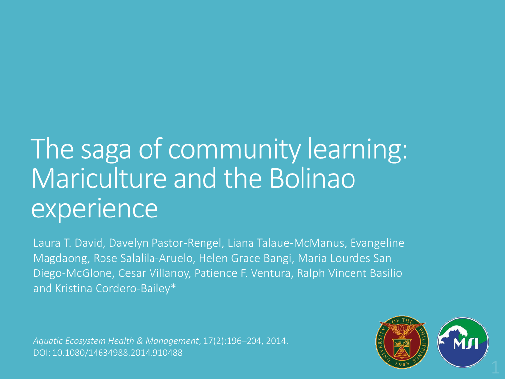 The Saga of Community Learning: Mariculture and the Bolinao Experience Laura T