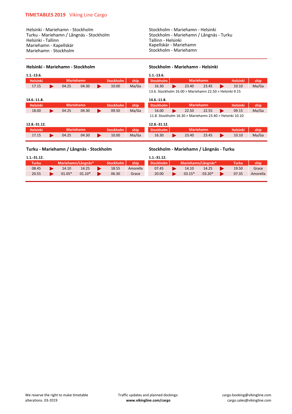 TIMETABLES 2019 Viking Line Cargo