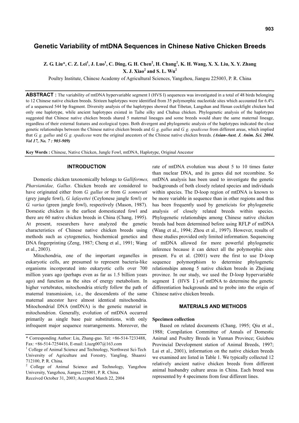 Genetic Variability of Mtdna Sequences in Chinese Native Chicken Breeds