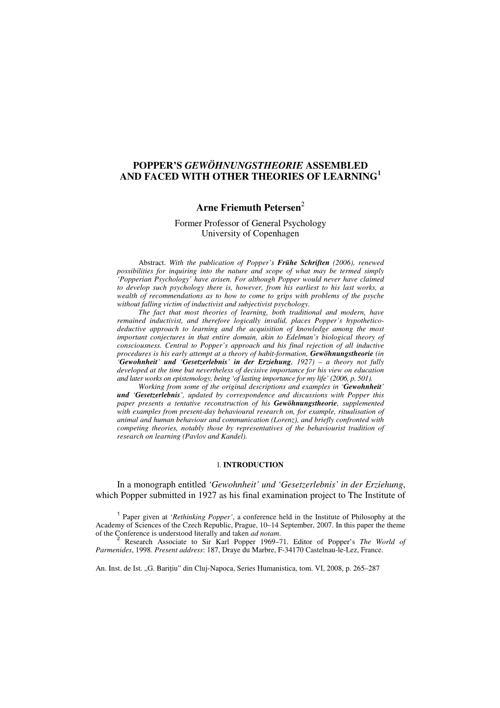 POPPER's GEWÖHNUNGSTHEORIE ASSEMBLED and FACED with OTHER THEORIES of LEARNING1 Arne Friemuth Petersen2