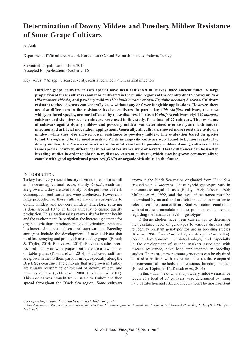 Determination of Downy Mildew and Powdery Mildew Resistance of Some Grape Cultivars