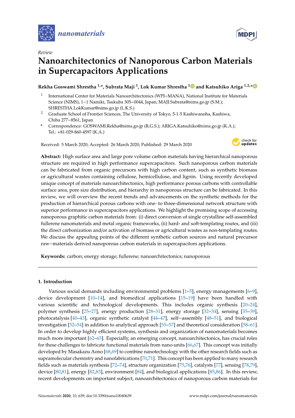 Nanoarchitectonics of Nanoporous Carbon Materials in Supercapacitors Applications