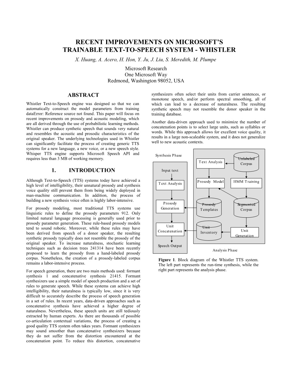 Recent Improvements on Microsoft S Trainable Text-To-Speech System - Whistler