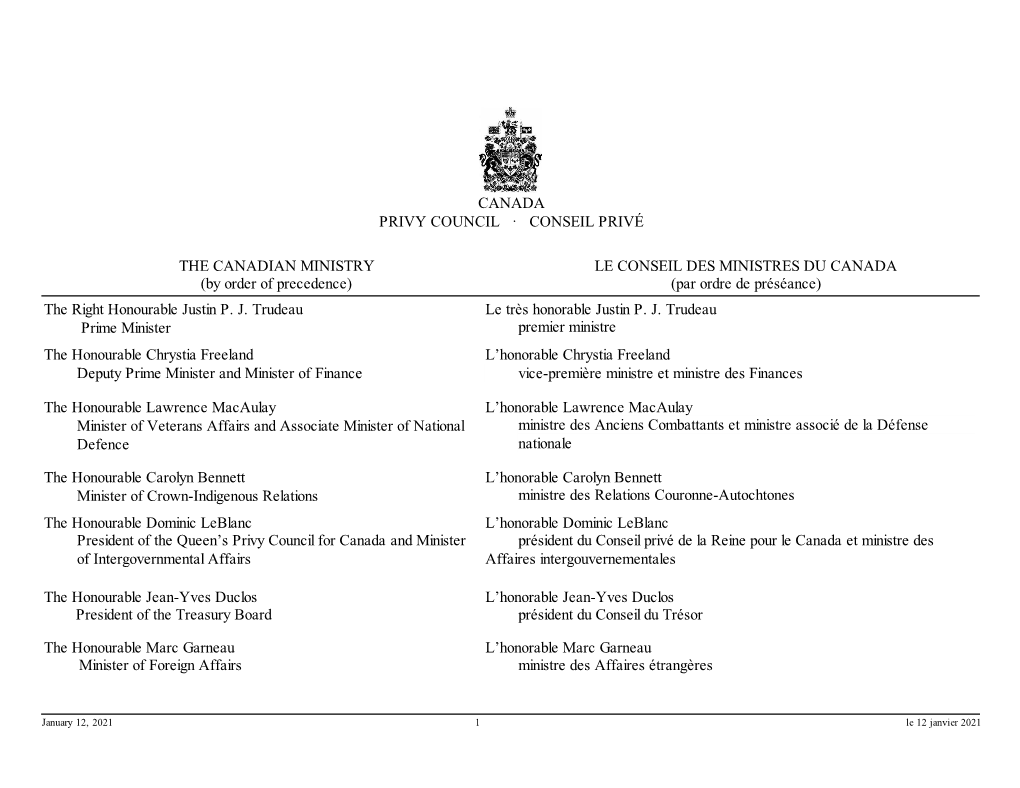 CONSEIL PRIVÉ the CANADIAN MINISTRY (By Order of Precedence)