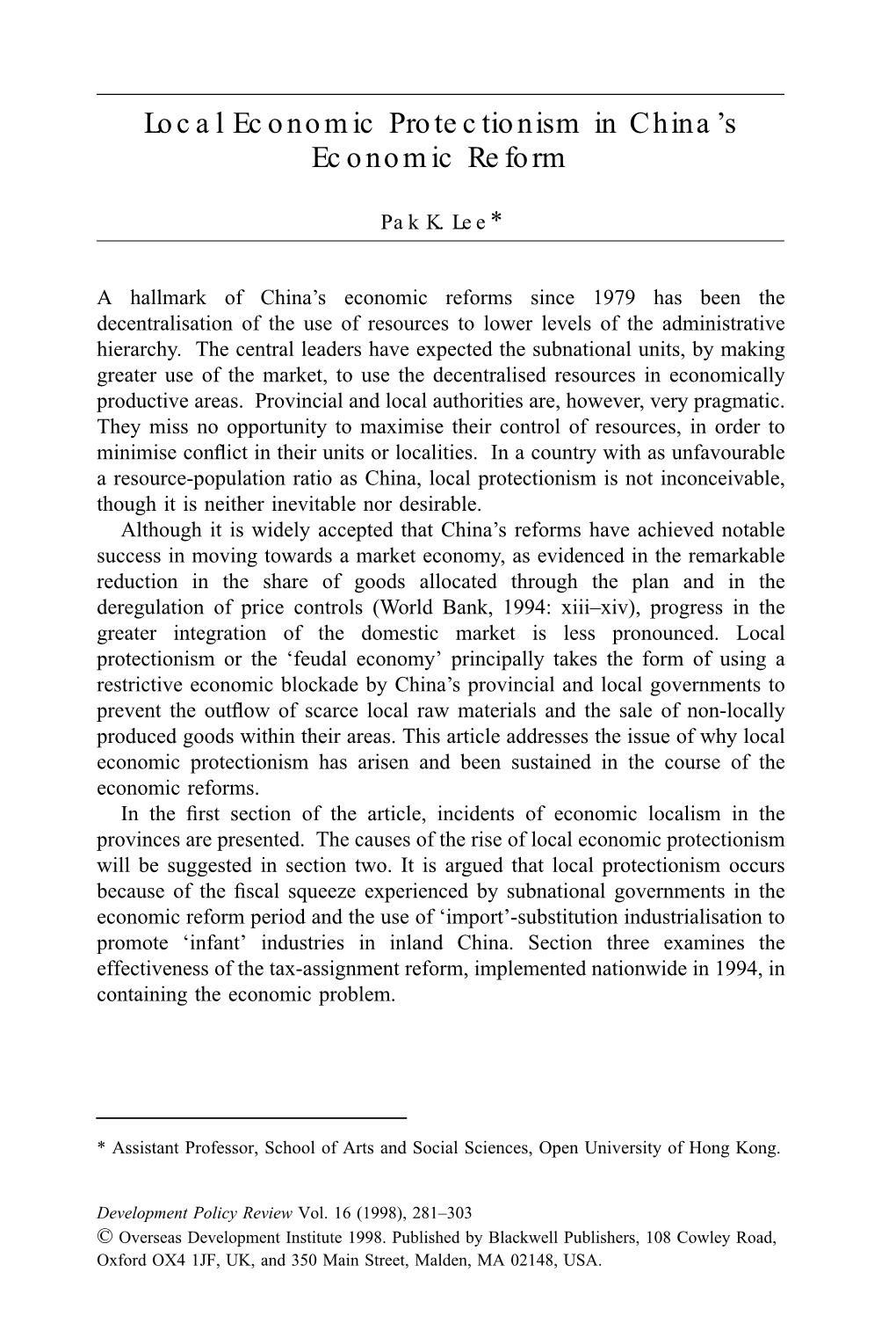 Local Economic Protectionism in China's Economic Reform