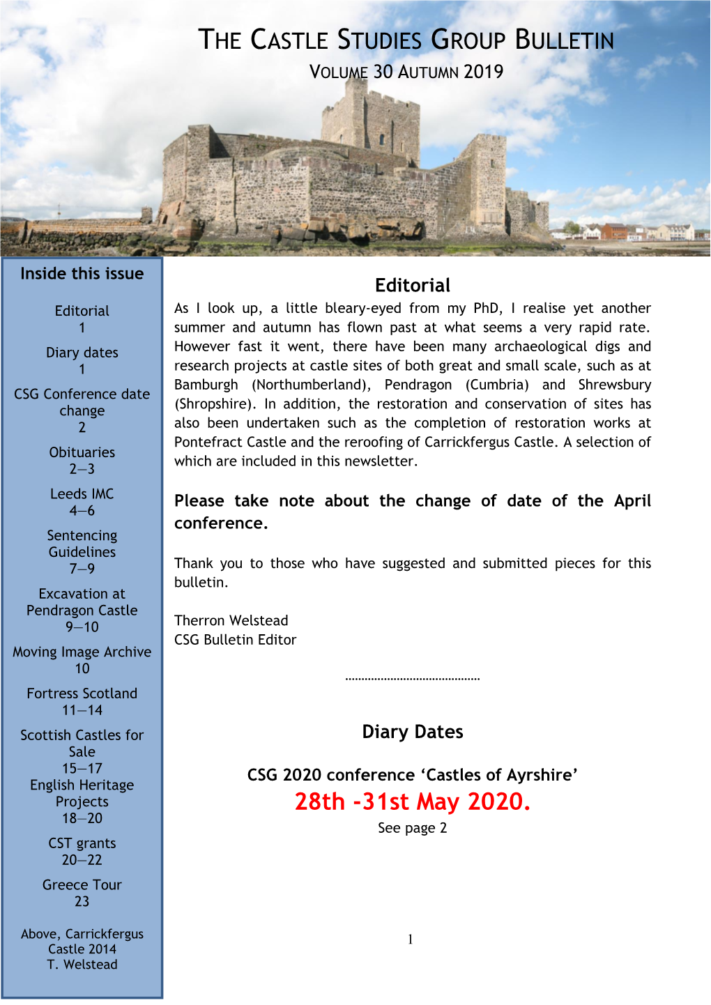 31St May 2020. 18—20 See Page 2 CST Grants 20—22 Above , Carrigreececkfergus Tour Castle 201423 ©T.Welstead Above, Carrickfergus 1 Castle 2014 T