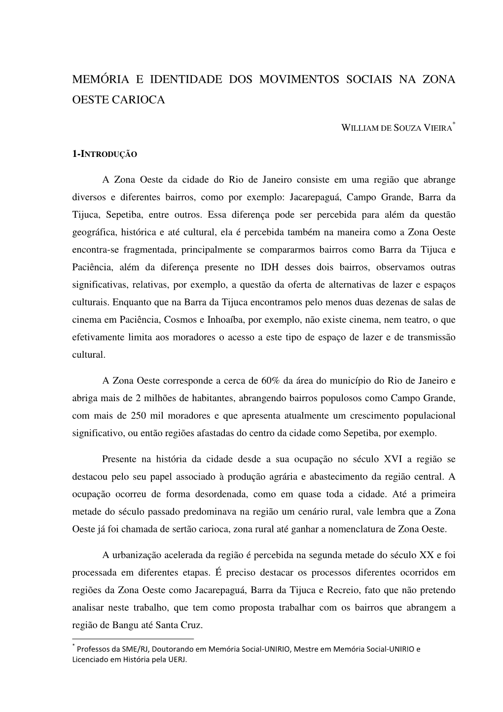 Memória E Identidade Dos Movimentos Sociais Na Zona Oeste Carioca