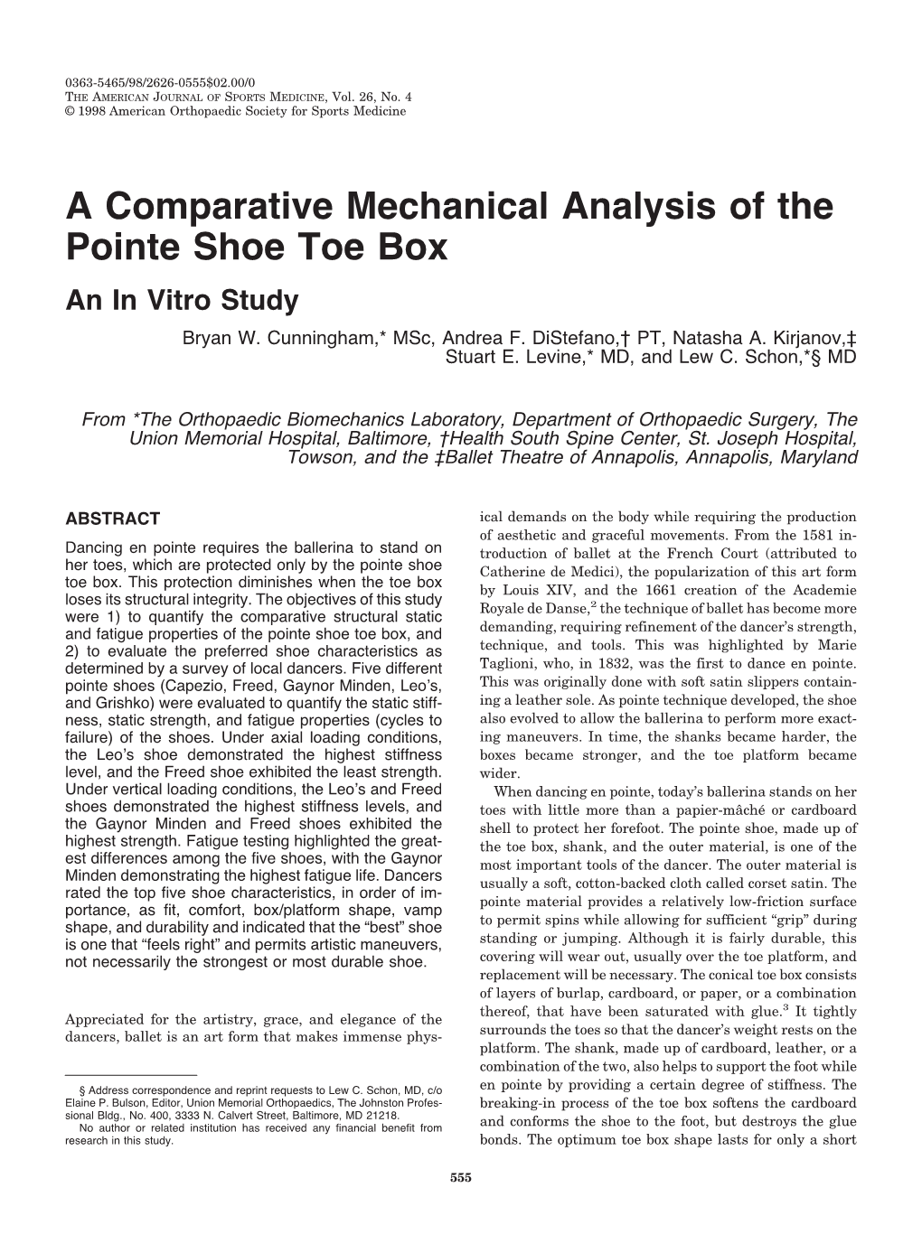 A Comparative Mechanical Analysis of the Pointe Shoe Toe Box an in Vitro Study Bryan W