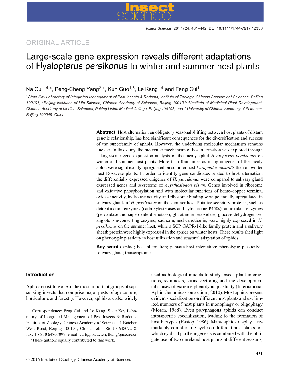 Large-Scale Gene Expression Reveals Different Adaptations of Hyalopterus Persikonus to Winter and Summer Host Plants