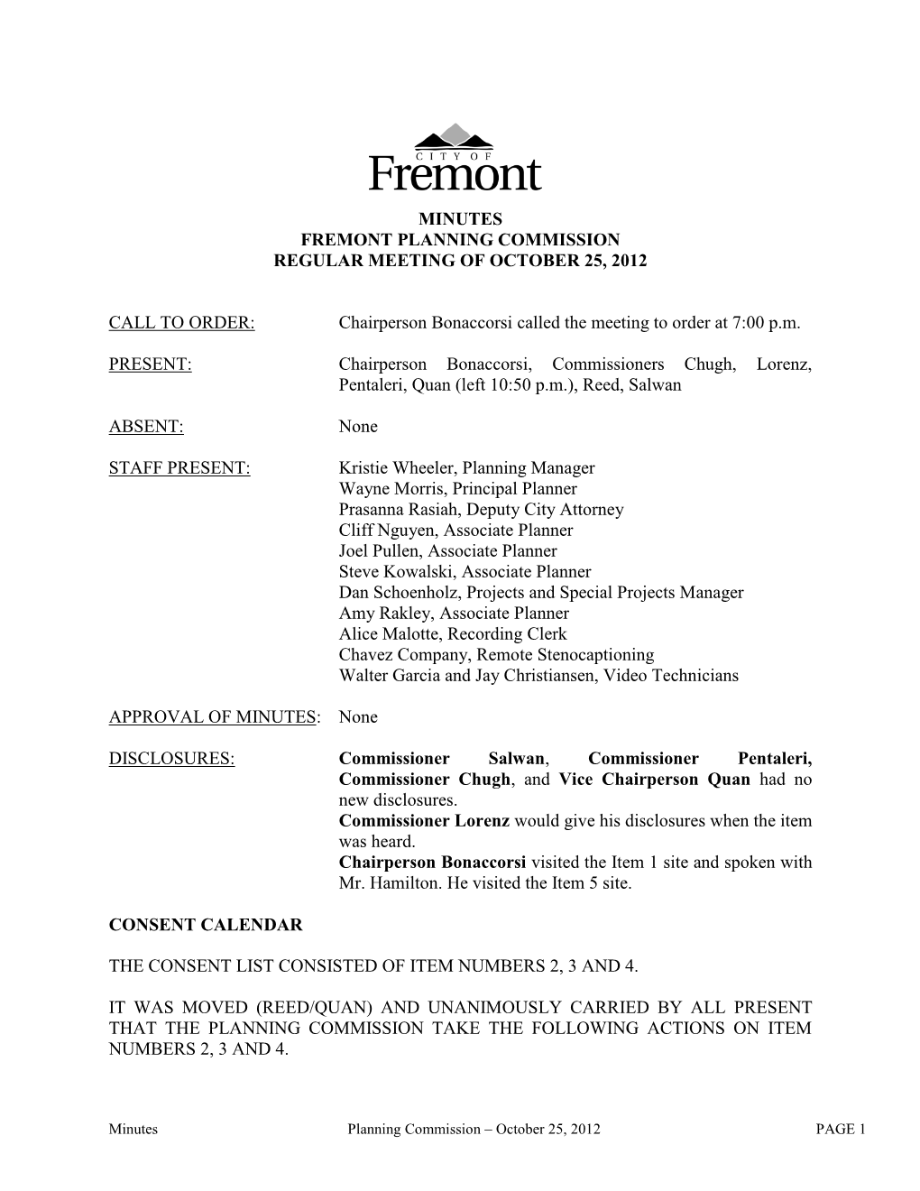 Minutes, Fremont Planning Commission