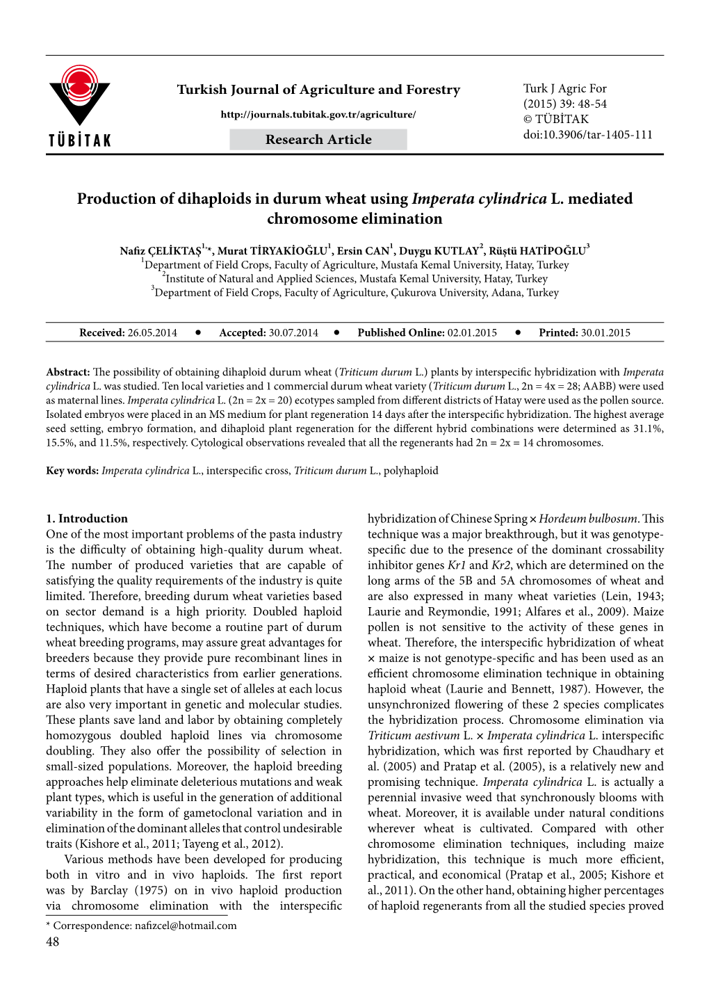 Production of Dihaploids in Durum Wheat Using Imperata Cylindrica L