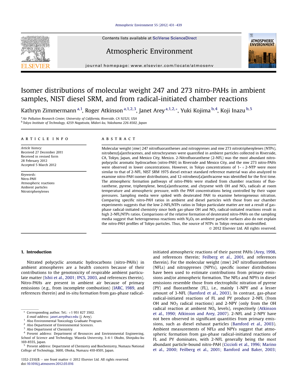 Isomer Distributions of Molecular Weight 247 and 273 Nitro-Pahs in Ambient Samples, NIST Diesel SRM, and from Radical-Initiated Chamber Reactions