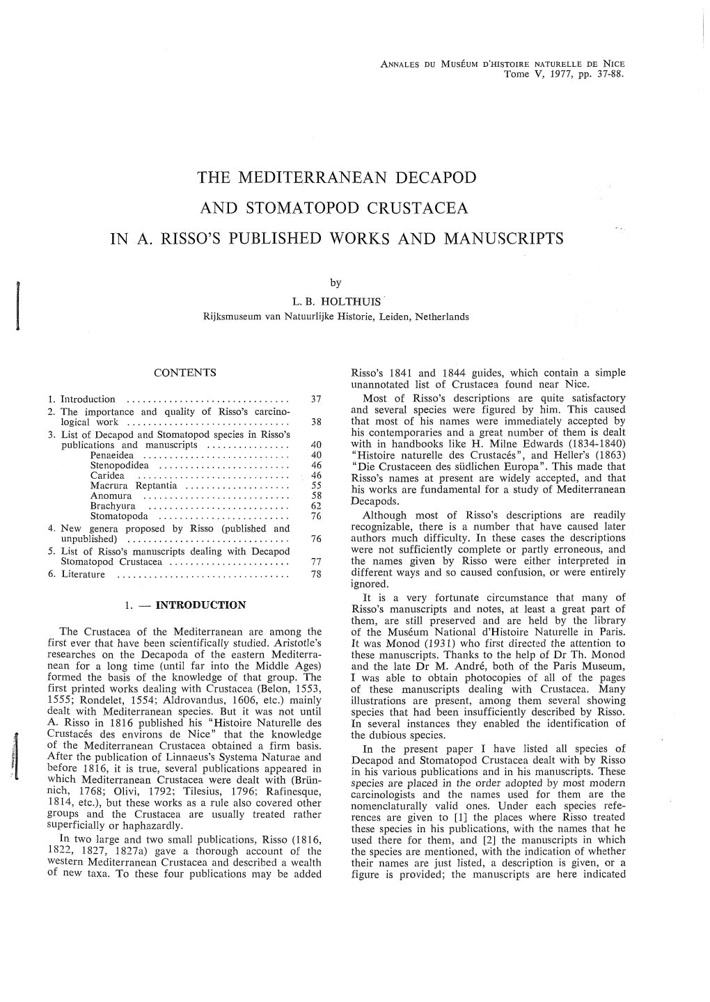 The Mediterranean Decapod and Stomatopod Crustacea in A