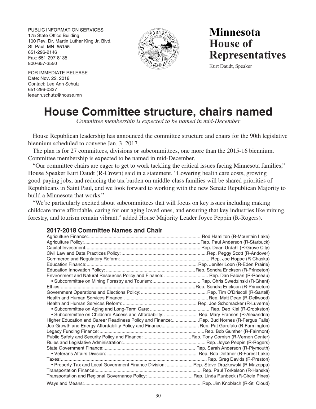 2016 House Committee Chairs