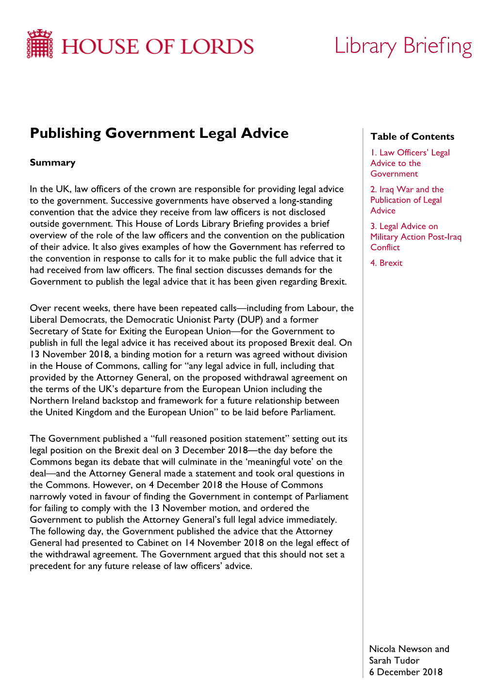 Publishing Government Legal Advice Table of Contents 1