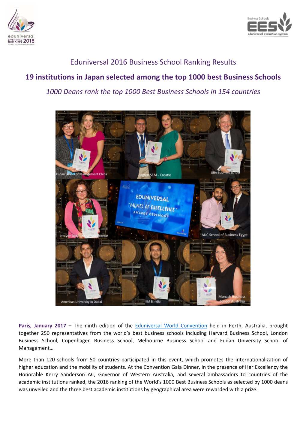 Eduniversal 2016 Business School Ranking Results 19 Institutions in Japan Selected Among the Top 1000 Best Business Schools