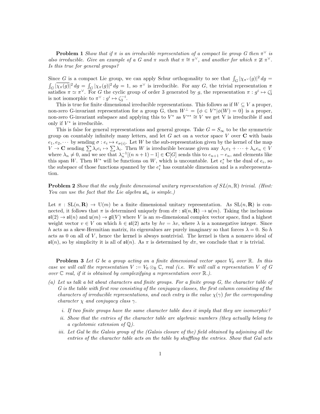 Problem 1 Show That If Π Is an Irreducible Representation of a Compact Lie Group G Then Π∨ Is Also Irreducible