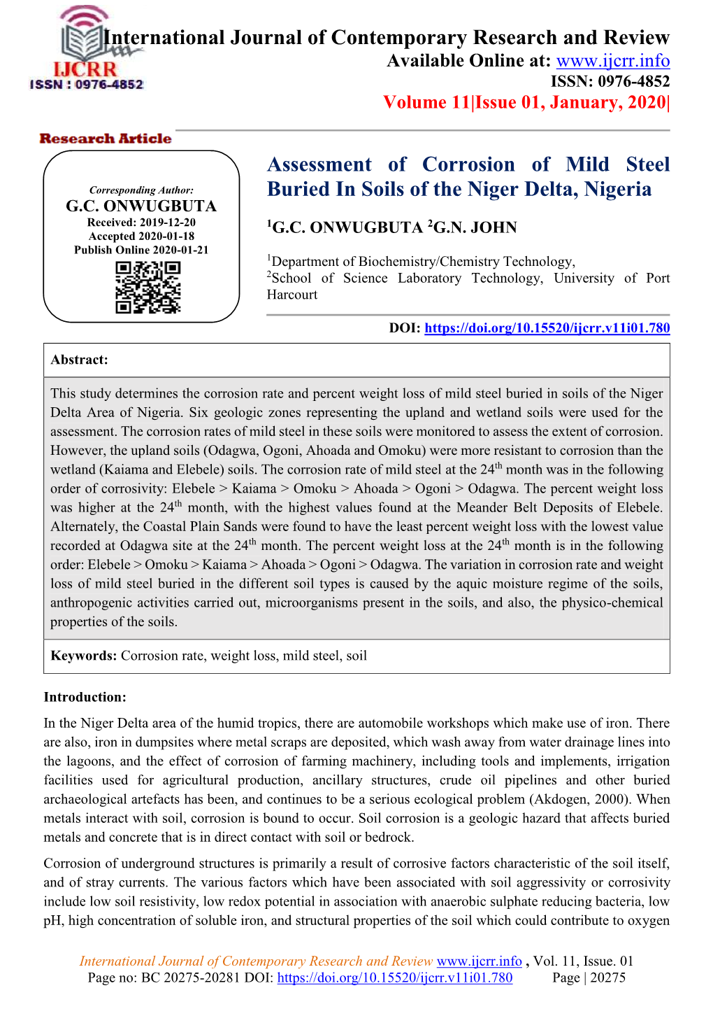 International Journal of Contemporary Research and Review Assessment of Corrosion of Mild Steel Buried in Soils of the Niger