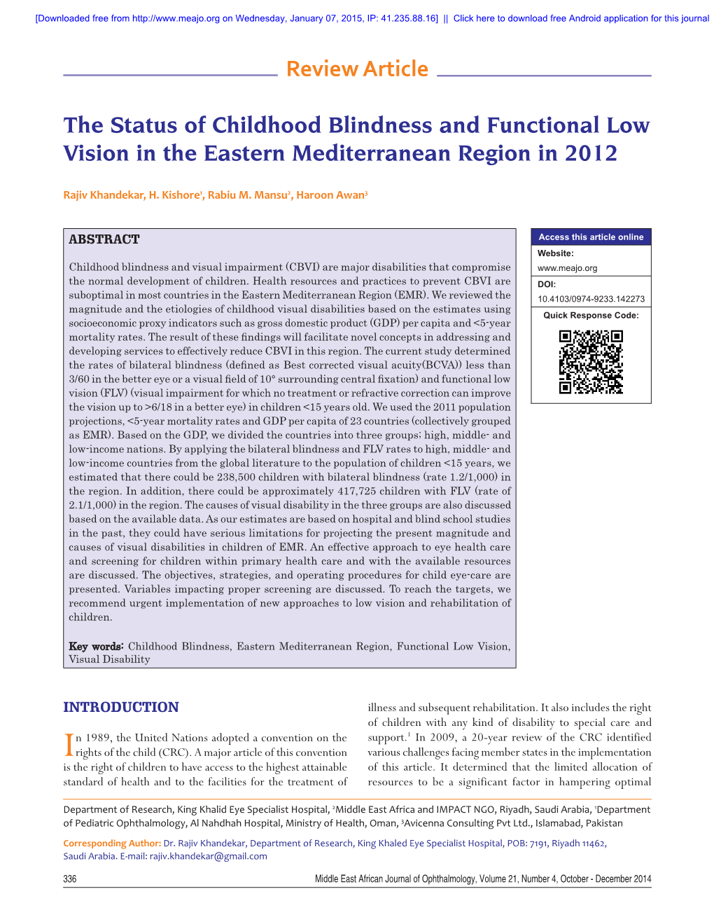 Review Article the Status of Childhood Blindness And