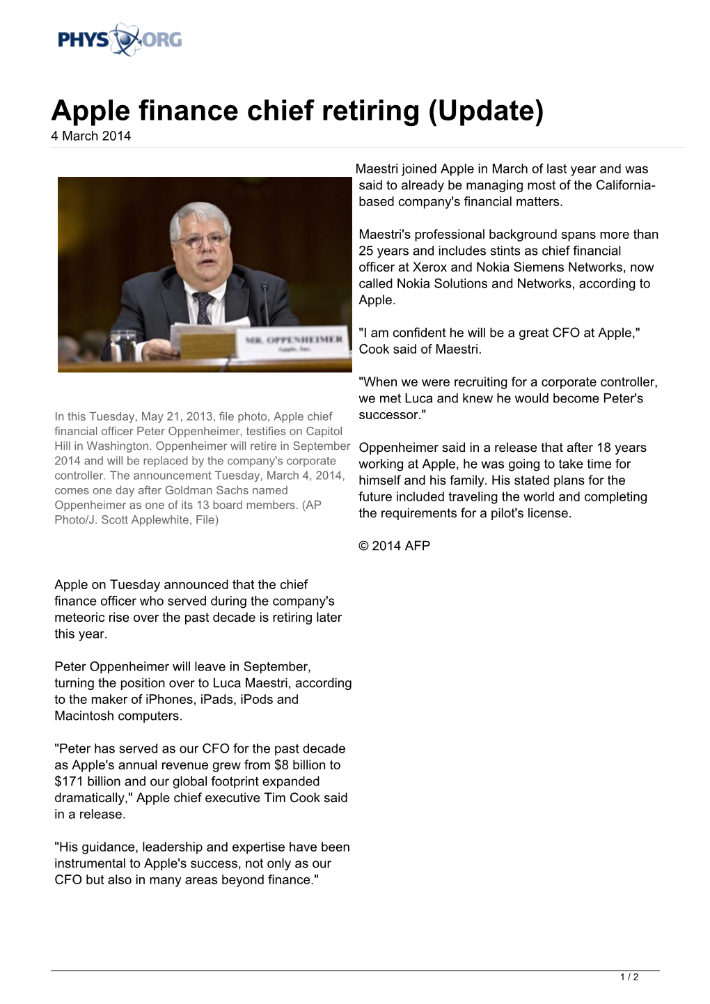 Apple Finance Chief Retiring (Update) 4 March 2014