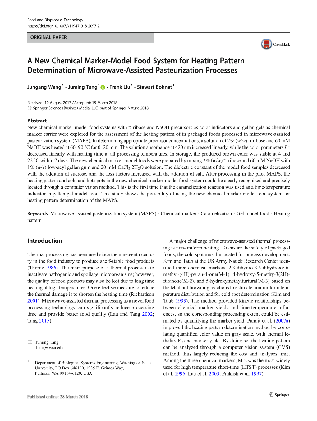 A New Chemical Marker-Model Food System for Heating Pattern Determination of Microwave-Assisted Pasteurization Processes