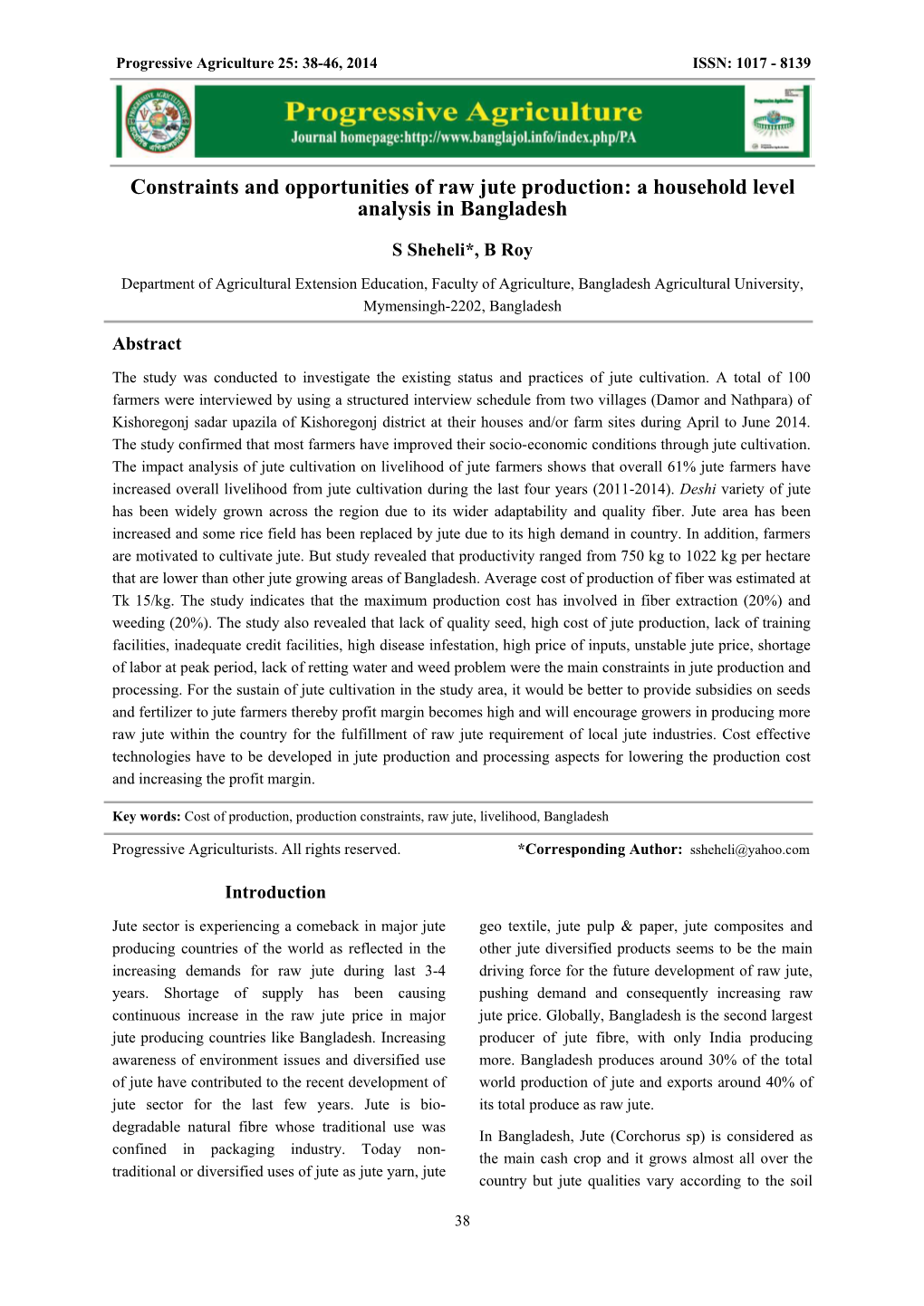 Constraints and Opportunities of Raw Jute Production: a Household Level Analysis in Bangladesh