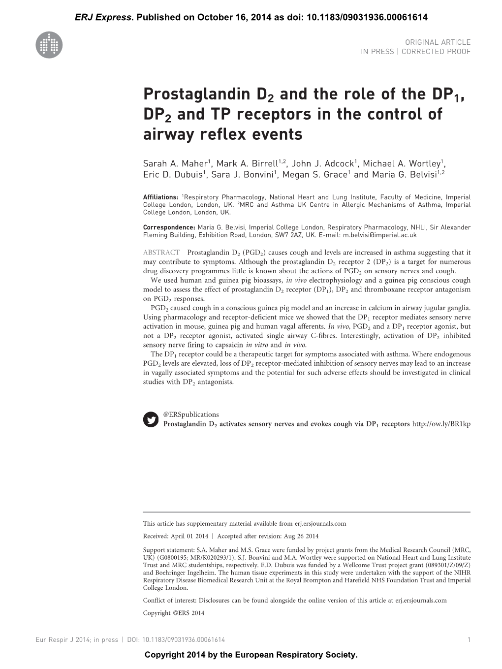 Prostaglandin D2 and the Role of the DP1, DP2 and TP Receptors in the Control of Airway Reflex Events