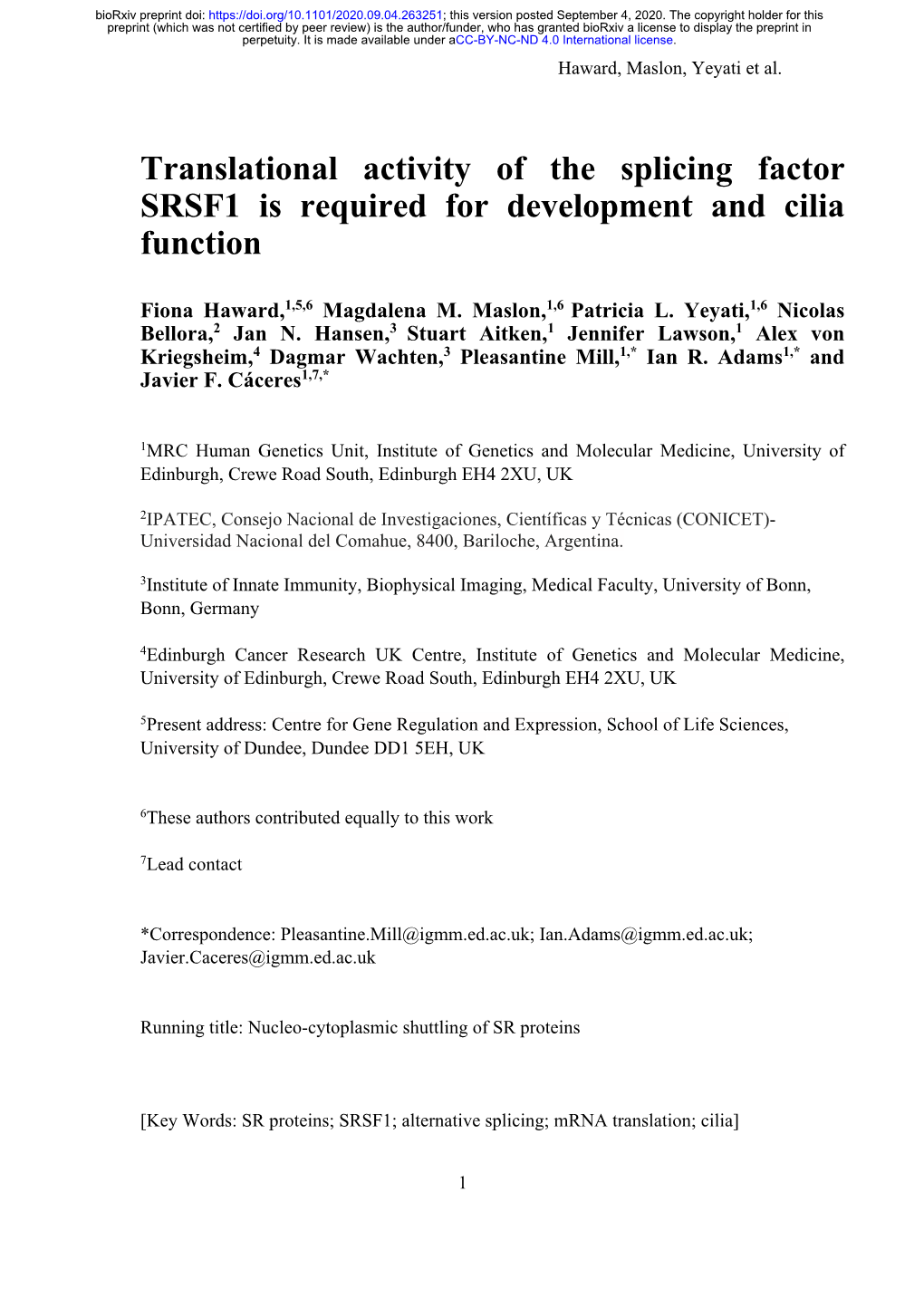 Translational Activity of the Splicing Factor SRSF1 Is Required for Development and Cilia Function