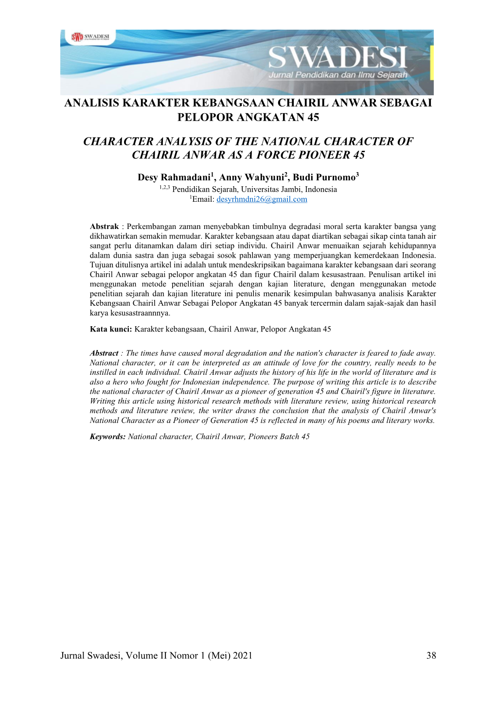 Analisis Karakter Kebangsaan Chairil Anwar Sebagai Pelopor Angkatan 45 Character Analysis of the National Character of Chairil A