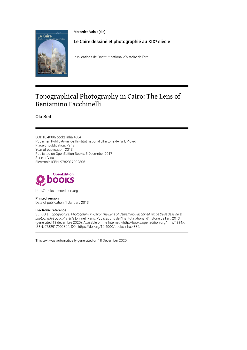 Topographical Photography in Cairo: the Lens of Beniamino Facchinelli