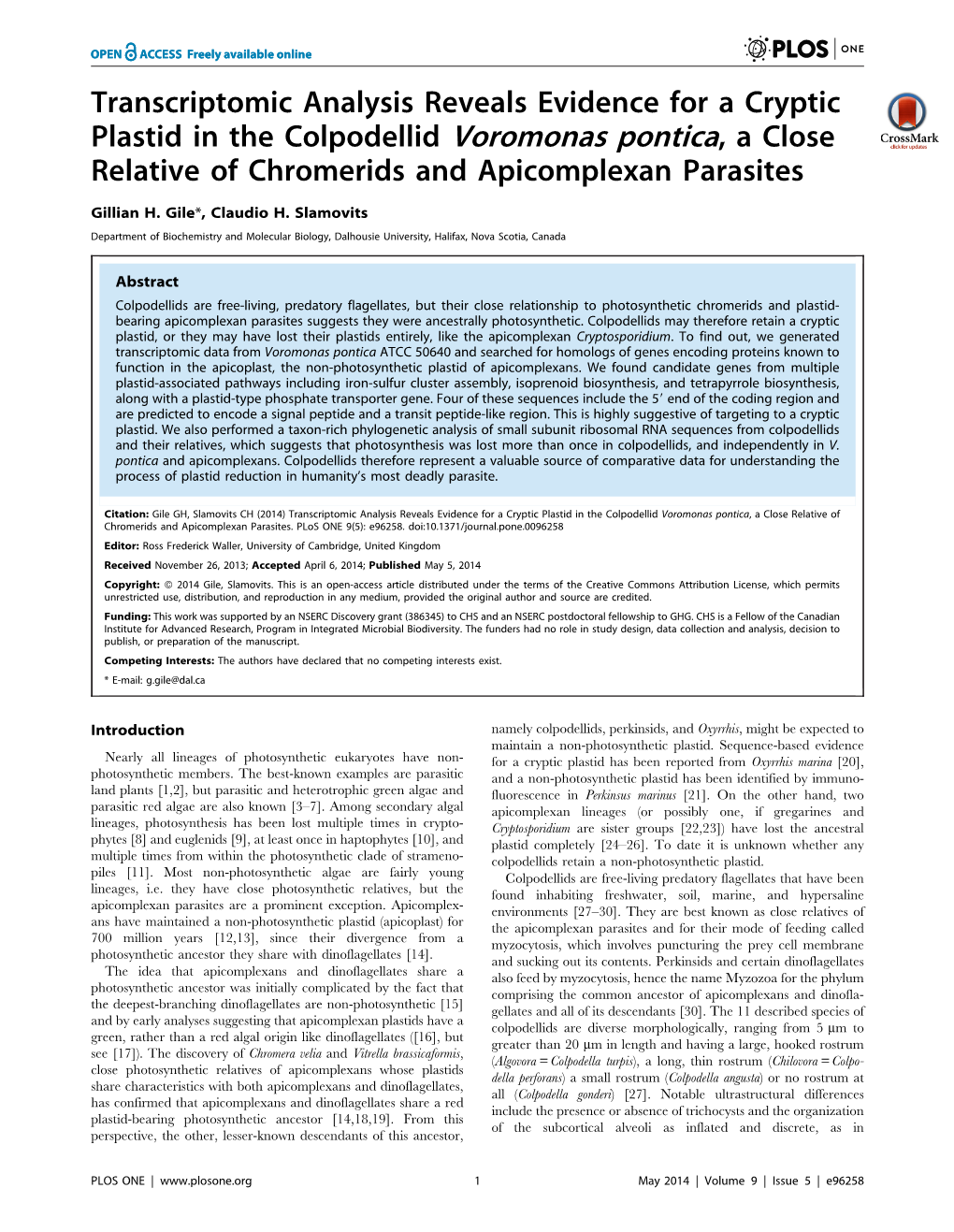 Transcriptomic Analysis Reveals Evidence for a Cryptic Plastid in the Colpodellid Voromonas Pontica, a Close Relative of Chromerids and Apicomplexan Parasites