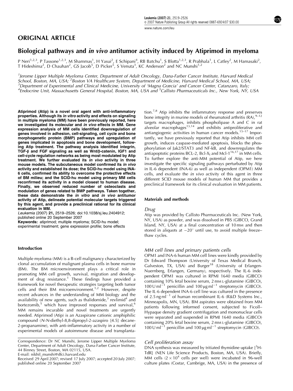 Biological Pathways and in Vivo Antitumor Activity Induced by Atiprimod in Myeloma