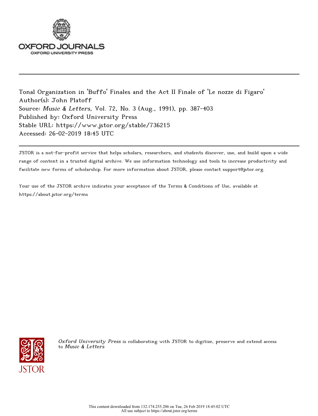 Le Nozze Di Figaro' Author(S): John Platoff Source: Music & Letters, Vol