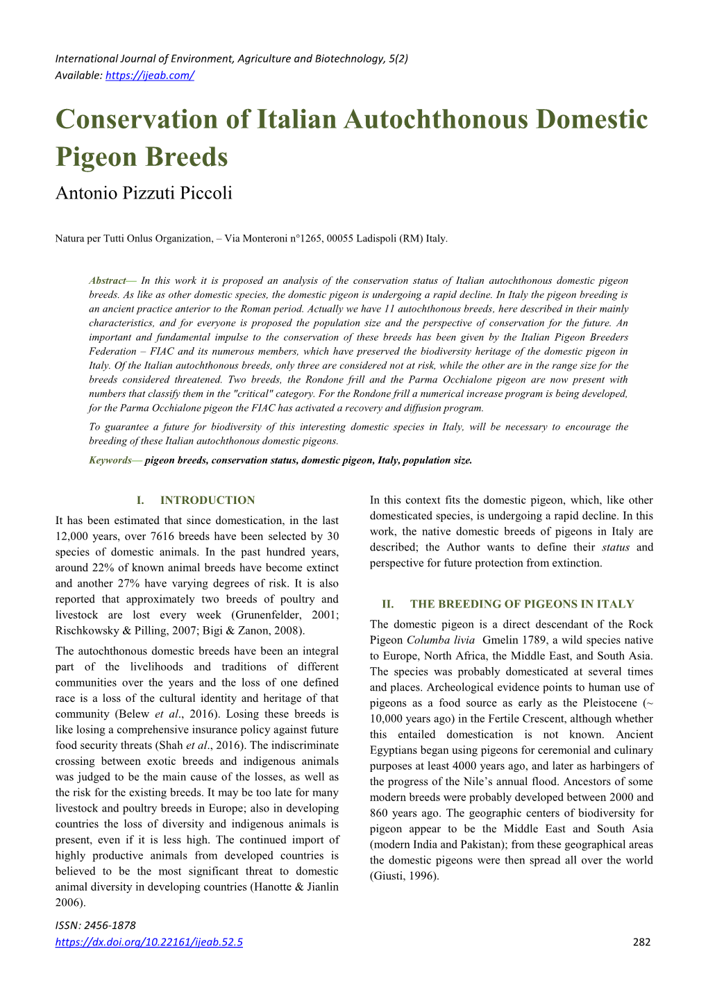 Conservation of Italian Autochthonous Domestic Pigeon Breeds Antonio Pizzuti Piccoli