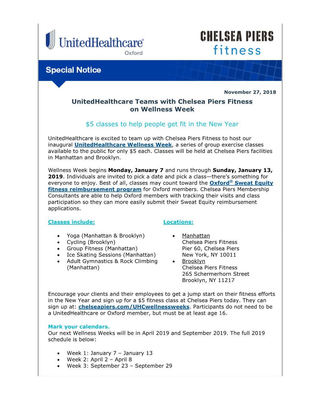 Unitedhealthcare Teams with Chelsea Piers Fitness on Wellness Week