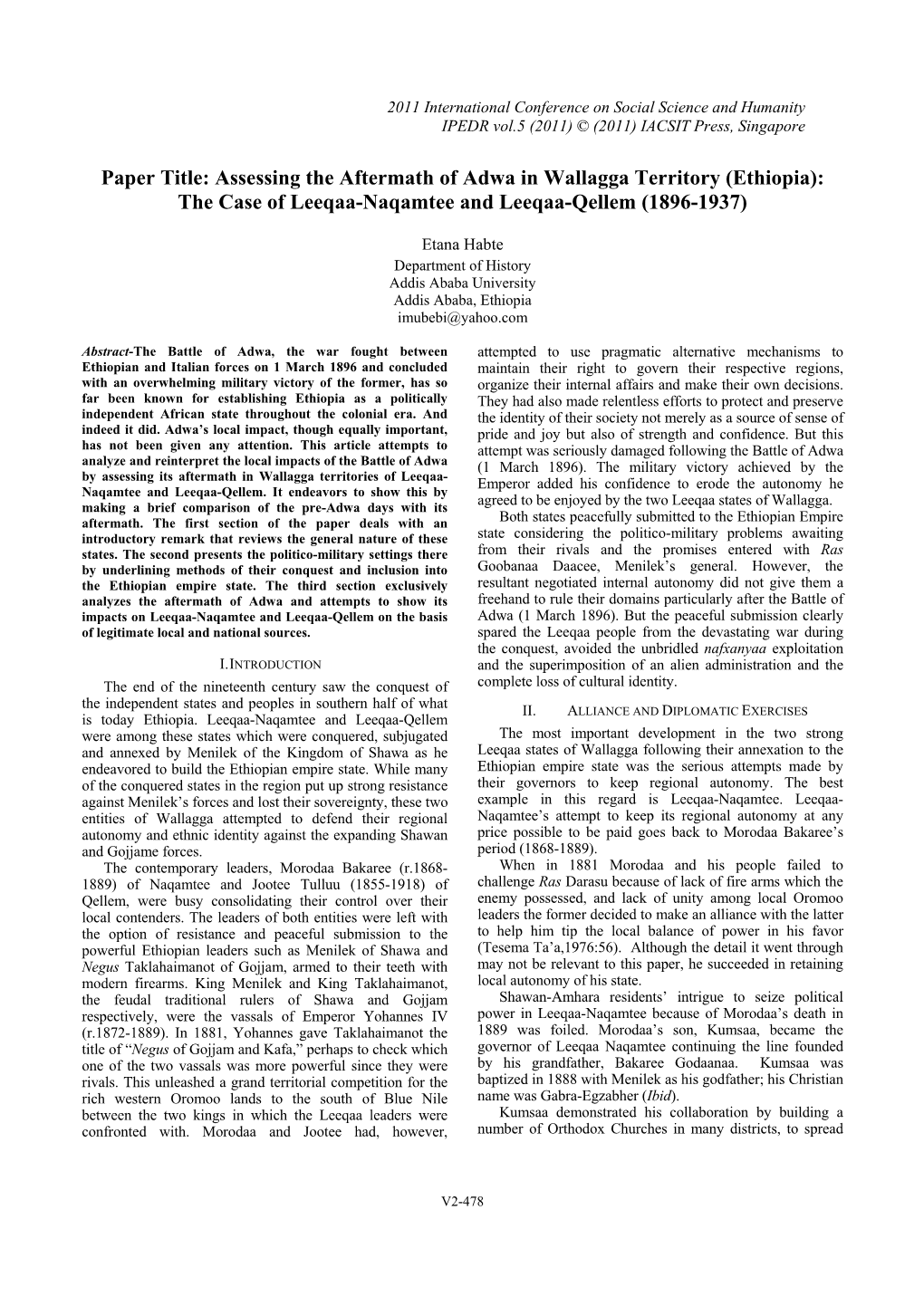 Assessing the Aftermath of Adwa in Wallagga Territory (Ethiopia): the Case of Leeqaa-Naqamtee and Leeqaa-Qellem (1896-1937)