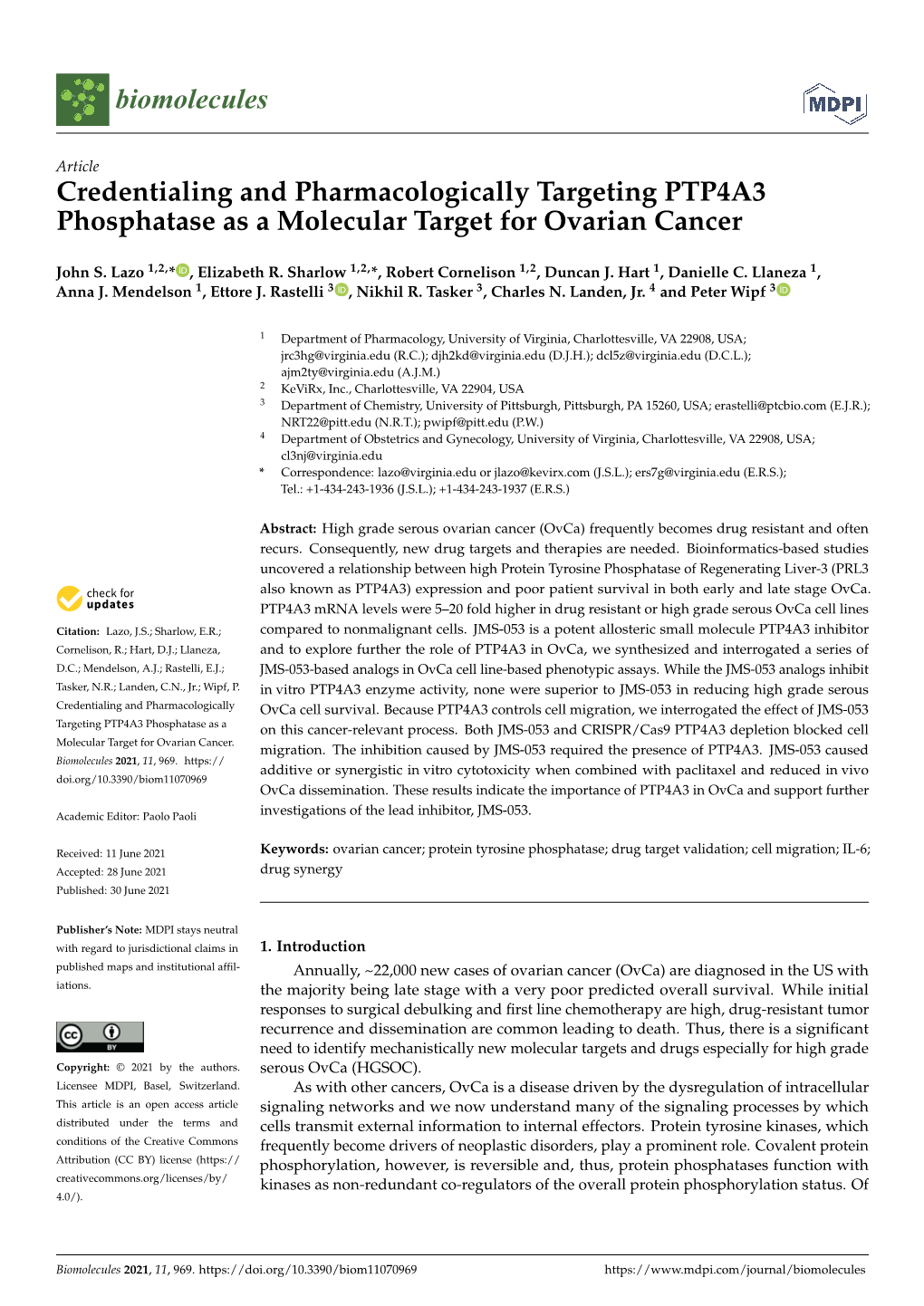 Credentialing and Pharmacologically Targeting PTP4A3 Phosphatase As a Molecular Target for Ovarian Cancer