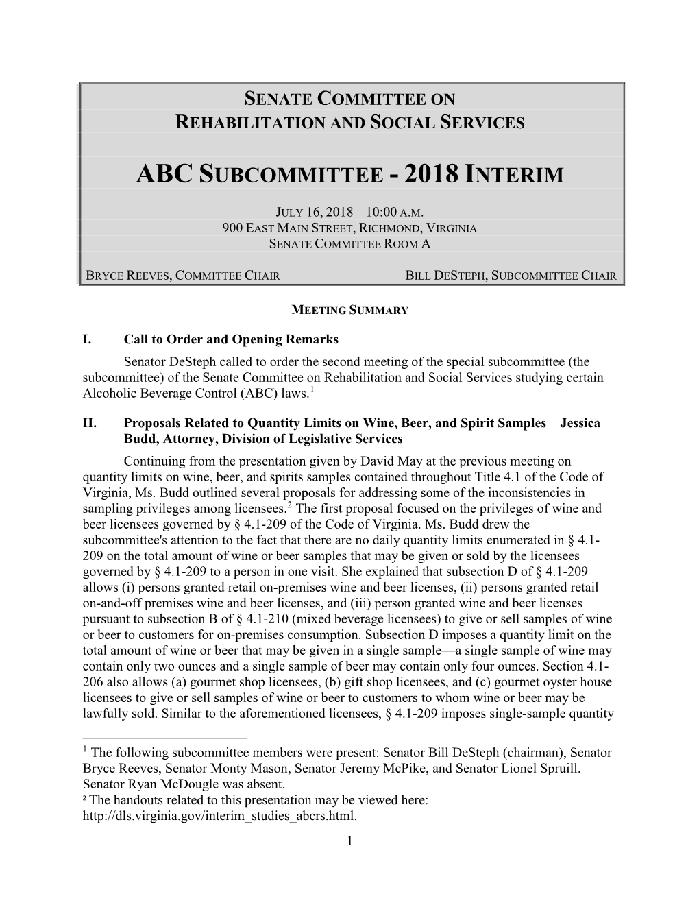 Abc Subcommittee - 2018 Interim