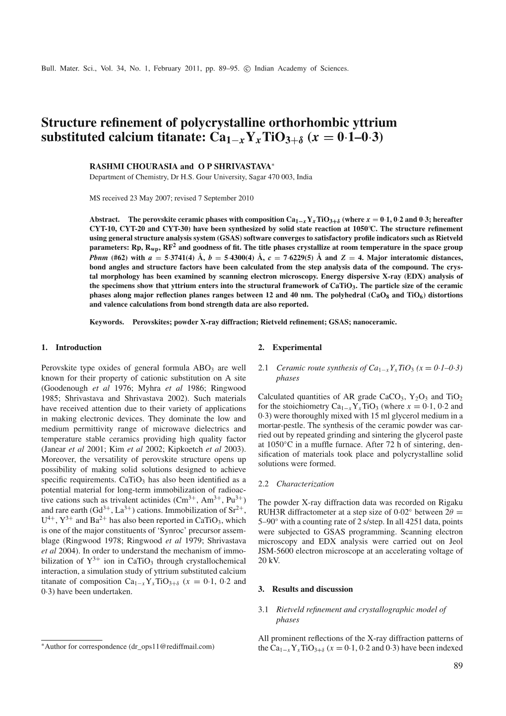 Structure Refinement of Polycrystalline Orthorhombic Yttrium Substituted Calcium Titanate: Ca1−Xyxtio3+Δ (X = 0·1–0·3)