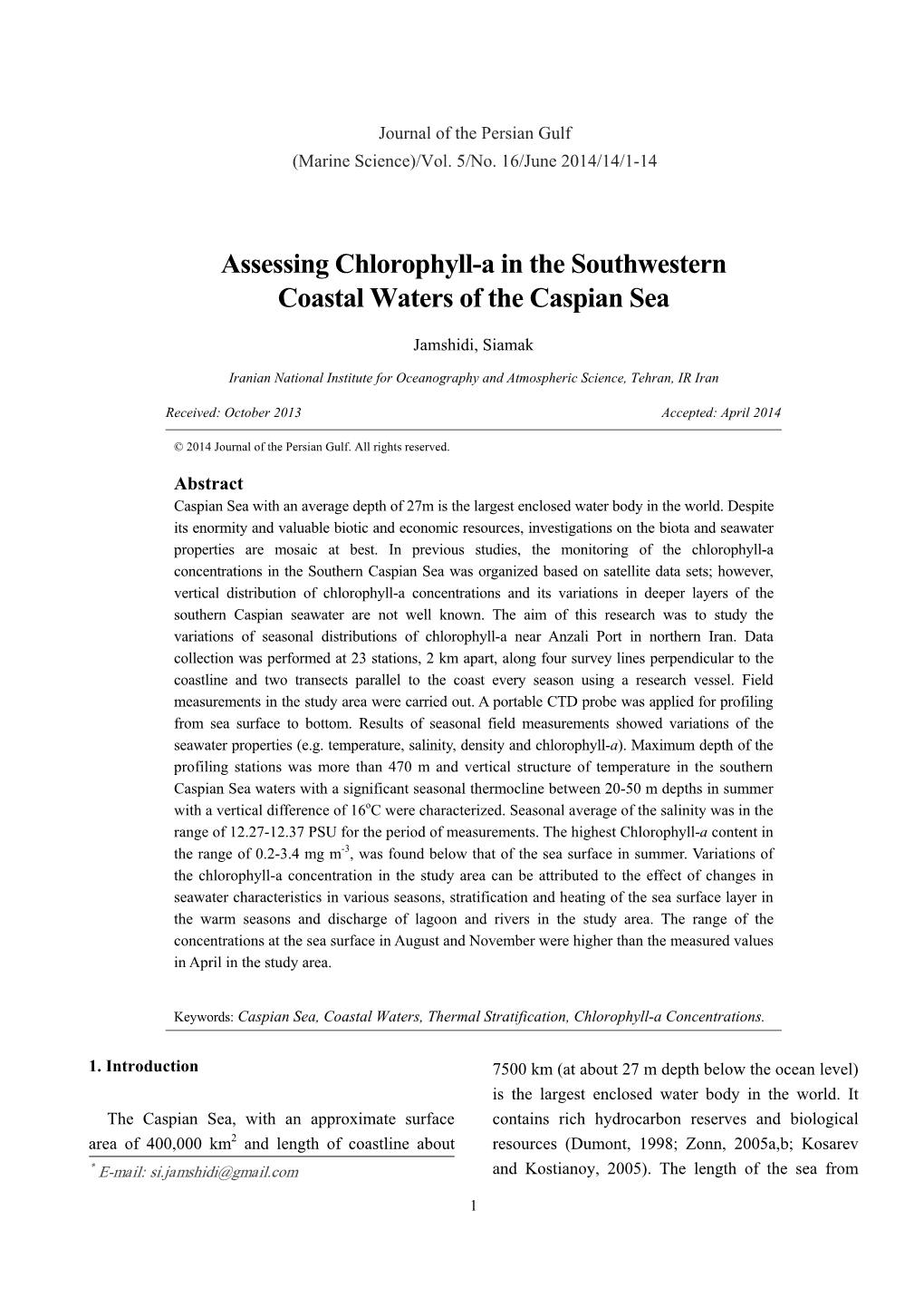 Assessing Chlorophyll-A in the Southwestern Coastal Waters of the Caspian Sea