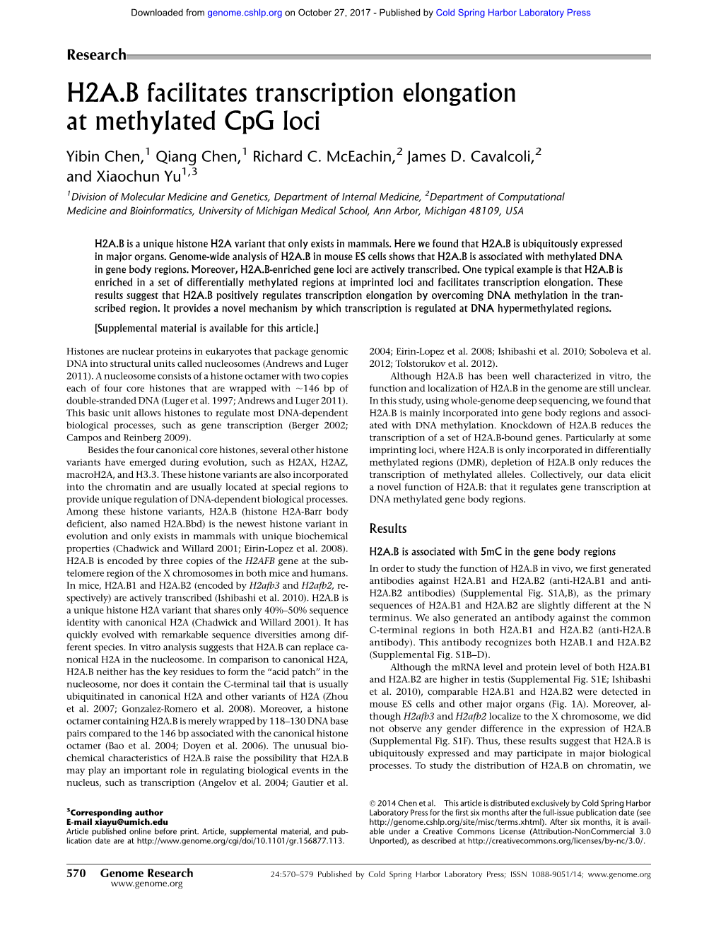 H2A.B Facilitates Transcription Elongation at Methylated Cpg Loci