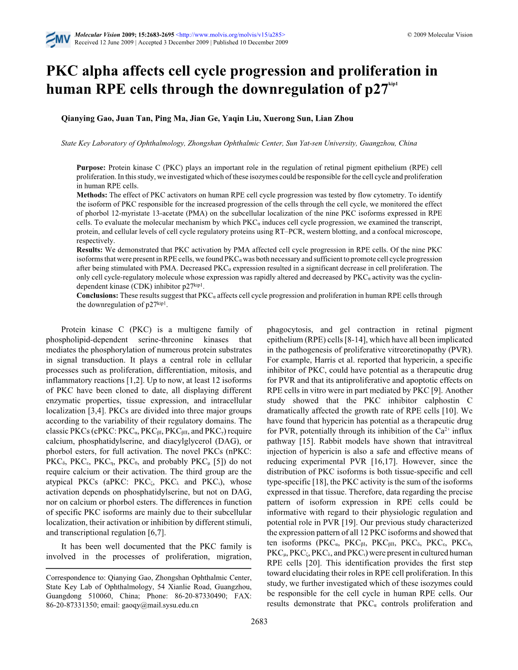 PKC Alpha Affects Cell Cycle Progression and Proliferation in Human RPE Cells Through the Downregulation of P27kip1