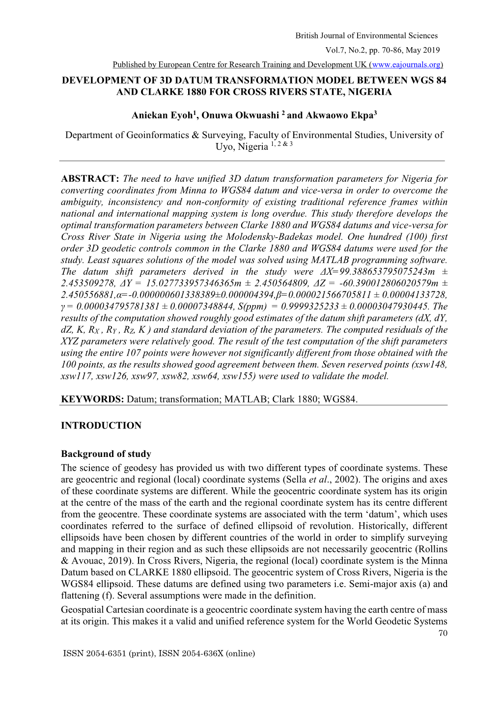 Development of 3D Datum Transformation Model Between Wgs 84 and Clarke 1880 for Cross Rivers State, Nigeria