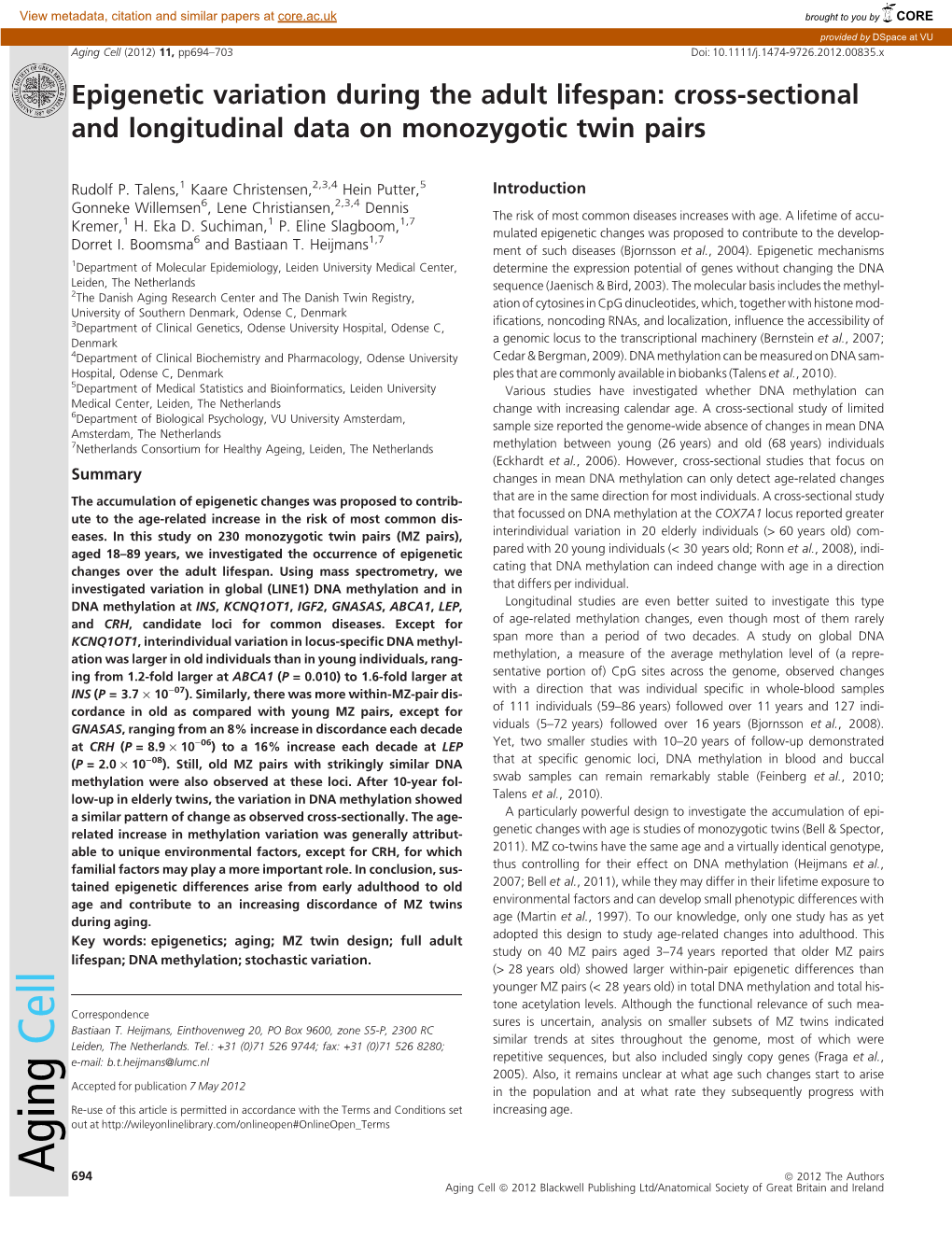 Epigenetic Variation During the Adult Lifespan: Cross-Sectional and Longitudinal Data on Monozygotic Twin Pairs