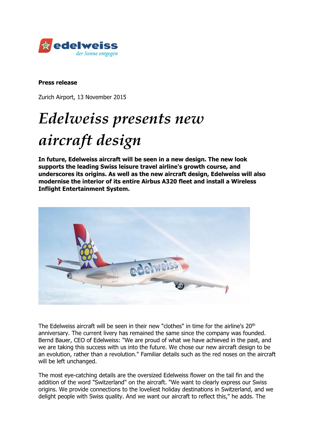 Edelweiss Presents New Aircraft Design