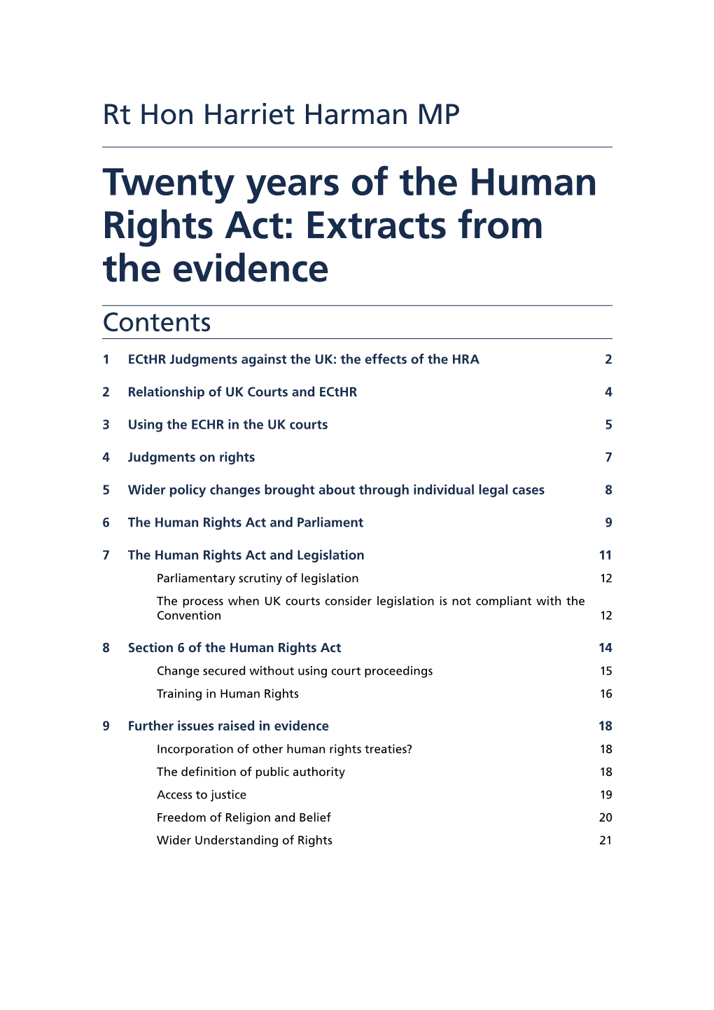 Twenty Years of the Human Rights Act: Extracts from the Evidence Contents